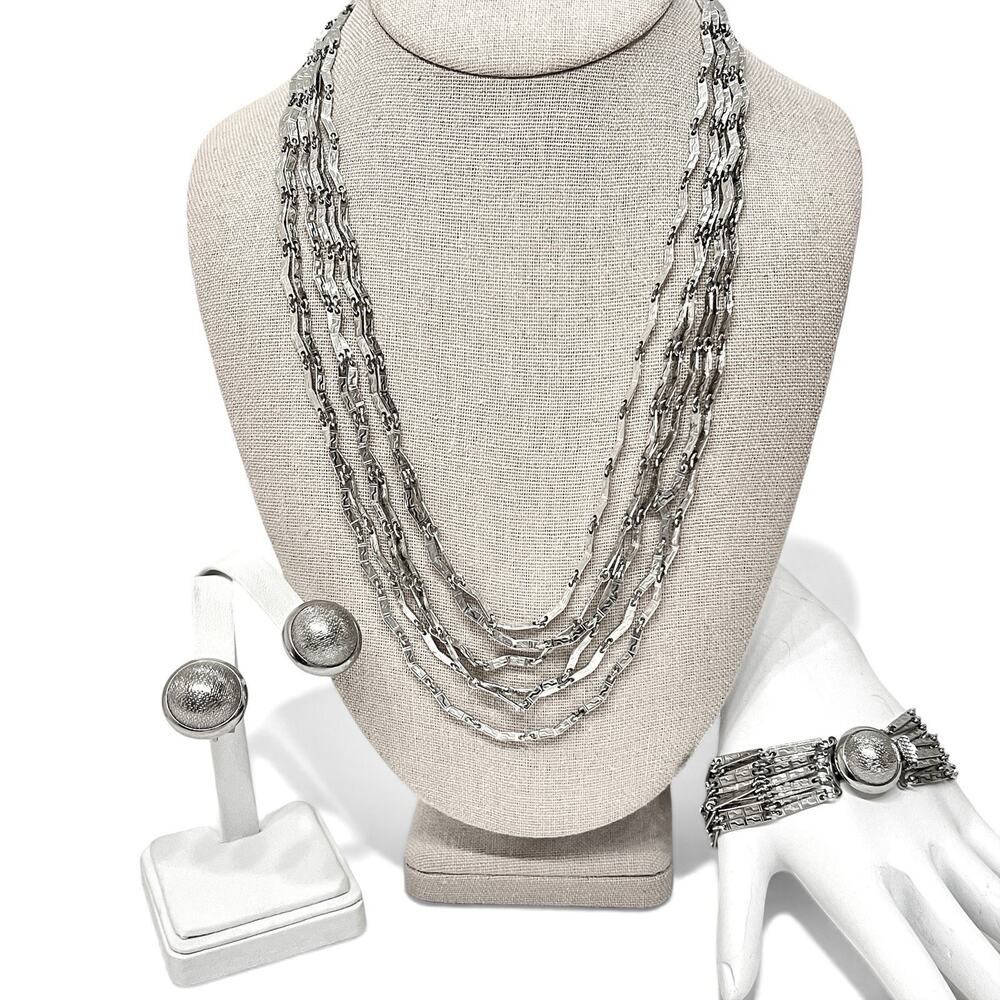 Silver Tone Bar Link Jewelry Set Multi Strand MCM Necklace Bracelet Earrings Vtg
